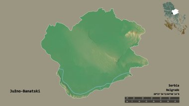 Sırbistan 'ın Juzno-Banatski ilçesi, başkenti sağlam bir zemine sahip. Uzaklık ölçeği, bölge önizlemesi ve etiketleri. Topografik yardım haritası. 3B görüntüleme