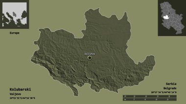 Sırbistan 'ın Kolubarski ilçesi ve başkenti. Uzaklık ölçeği, ön gösterimler ve etiketler. Renkli yükseklik haritası. 3B görüntüleme