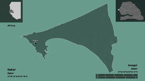 ダカールの形状 セネガルの地域 およびその首都 距離スケール プレビューおよびラベル 色の標高マップ 3Dレンダリング — ストック写真