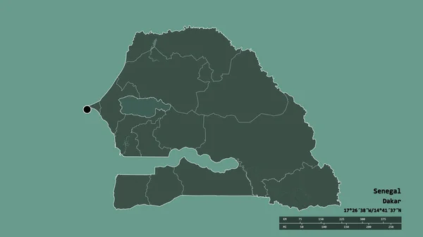 主要な地域部門と分離されたDiourbelエリアとセネガルの荒廃した形状 ラベル 色の標高マップ 3Dレンダリング — ストック写真