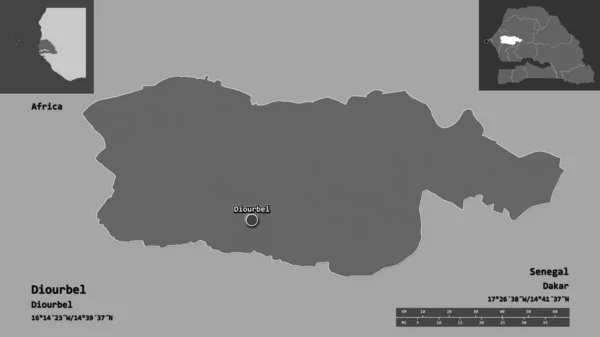 塞内加尔地区Diourbel的形状及其首都 距离刻度 预览和标签 Bilevel高程图 3D渲染 — 图库照片