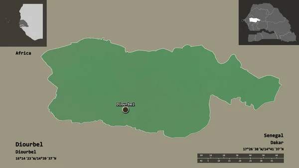 Diourbelの形状 セネガルの地域 そしてその首都 距離スケール プレビューおよびラベル 地形図 3Dレンダリング — ストック写真