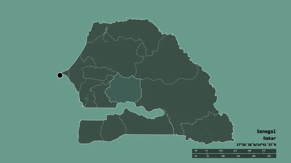 主要な地域部門と分離されたカフリン地域とセネガルの荒廃した形 ラベル 色の標高マップ 3Dレンダリング — ストック写真
