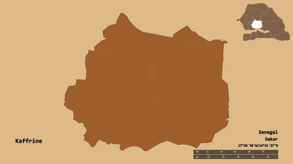 セネガルの地域であるカフリンの形は その資本がしっかりとした背景に隔離されています 距離スケール リージョンプレビュー およびラベル パターン化されたテクスチャの構成 3Dレンダリング — ストック写真