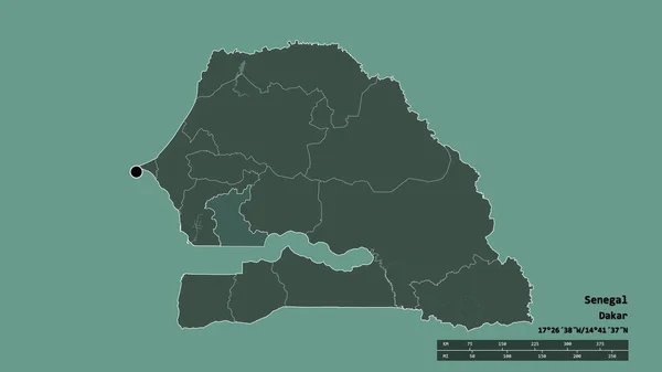 セネガルの首都 主な地域部門と分離されたカオラック地域での荒廃した形 ラベル 色の標高マップ 3Dレンダリング — ストック写真