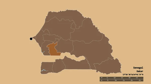 セネガルの首都 主な地域部門と分離されたカオラック地域での荒廃した形 ラベル パターン化されたテクスチャの構成 3Dレンダリング — ストック写真