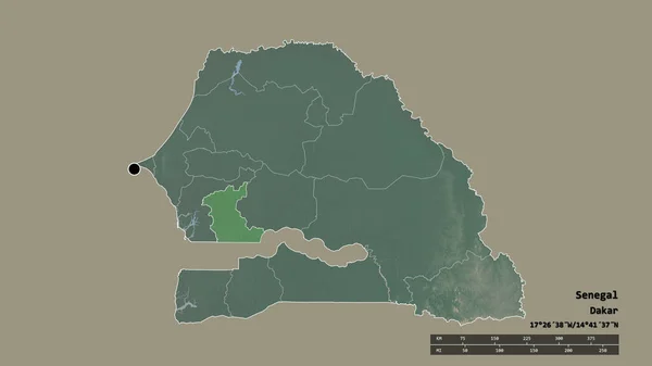 セネガルの首都 主な地域部門と分離されたカオラック地域での荒廃した形 ラベル 地形図 3Dレンダリング — ストック写真