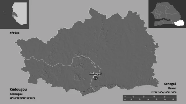 Form Kedougou Regionen Senegal Och Dess Huvudstad Avståndsskala Förhandsvisningar Och — Stockfoto