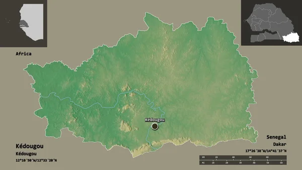 塞内加尔Kedougou地区的形状及其首都 距离刻度 预览和标签 地形浮雕图 3D渲染 — 图库照片
