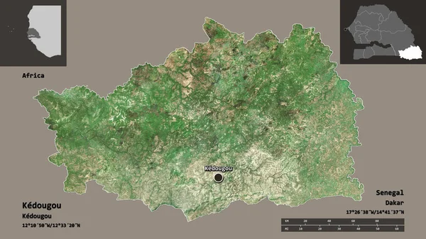 ケドゥーグの形 セネガルの地域 距離スケール プレビューおよびラベル 衛星画像 3Dレンダリング — ストック写真