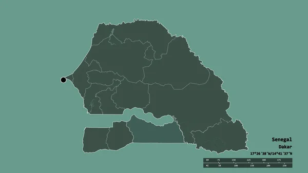主要な地域部門と分離コルダ地域とセネガルの荒廃した形 ラベル 色の標高マップ 3Dレンダリング — ストック写真