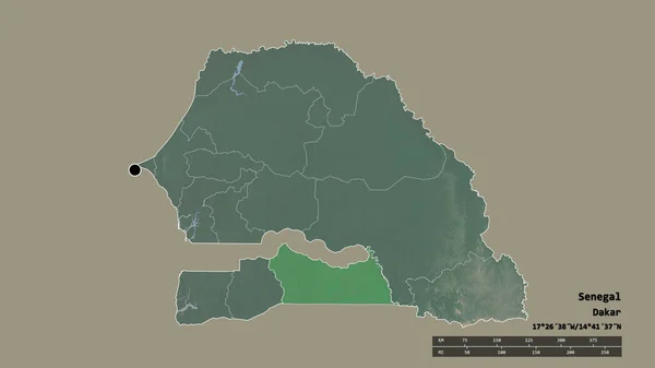塞内加尔以首都 主要区域分部和分离的科尔达地区为首都的绝望状态 地形浮雕图 3D渲染 — 图库照片