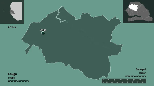 ルーガの形 セネガルの地域 およびその首都 距離スケール プレビューおよびラベル 色の標高マップ 3Dレンダリング — ストック写真