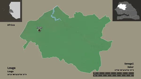 ルーガの形 セネガルの地域 およびその首都 距離スケール プレビューおよびラベル 地形図 3Dレンダリング — ストック写真