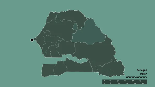 主要な地域部門と分離したマタム地域とセネガルの荒廃した形 ラベル 色の標高マップ 3Dレンダリング — ストック写真