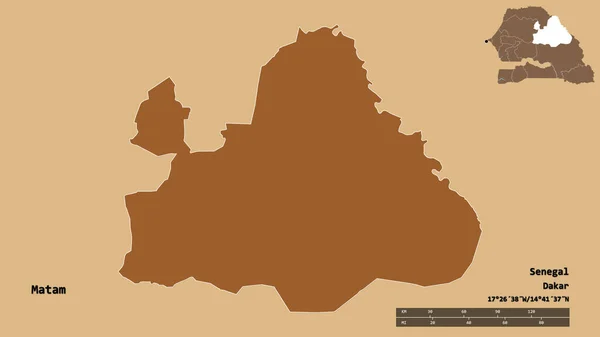 セネガルの地域であるマタムの形で その首都はしっかりとした背景に隔離されています 距離スケール リージョンプレビュー およびラベル パターン化されたテクスチャの構成 3Dレンダリング — ストック写真
