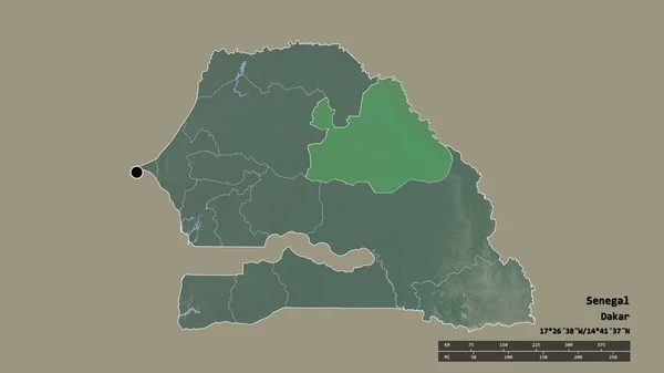 Desaturated shape of Senegal with its capital, main regional division and the separated Matam area. Labels. Topographic relief map. 3D rendering