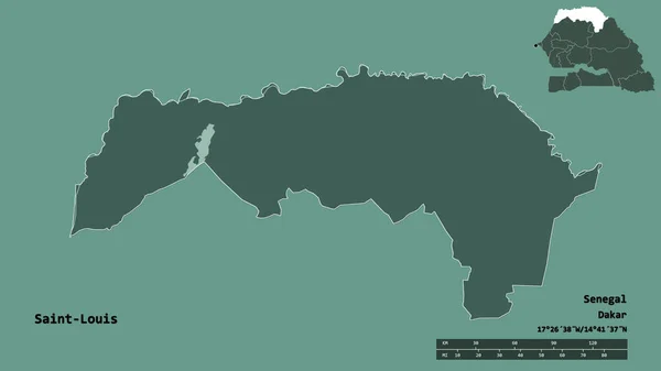 塞内加尔地区圣路易斯的形状 其首都在坚实的背景下与世隔绝 距离尺度 区域预览和标签 彩色高程图 3D渲染 — 图库照片