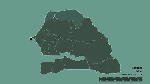 Desaturated shape of Senegal with its capital, main regional division and the separated Saint-Louis area. Labels. Colored elevation map. 3D rendering