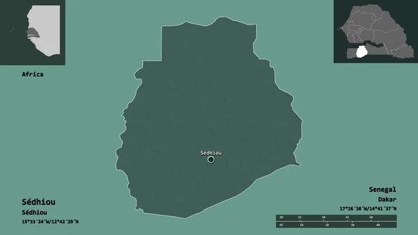 塞内加尔地区Sedhiou的形状及其首都 距离刻度 预览和标签 彩色高程图 3D渲染 — 图库照片