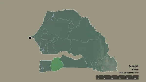 主要な地域部門と分離セネガルの荒廃した形状セネガル ラベル 地形図 3Dレンダリング — ストック写真