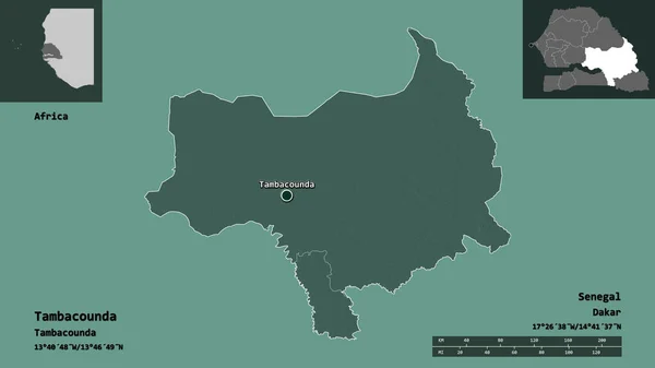 タンバウンダの形 セネガルの地域 およびその首都 距離スケール プレビューおよびラベル 色の標高マップ 3Dレンダリング — ストック写真