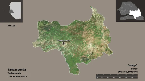 塞内加尔地区坦巴孔达的形状及其首都 距离刻度 预览和标签 卫星图像 3D渲染 — 图库照片