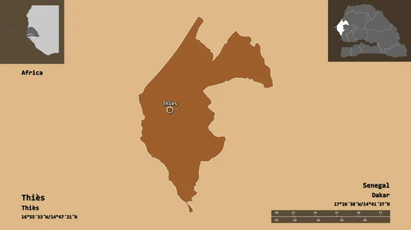 塞内加尔地区的Thies形状及其首都 距离刻度 预览和标签 图形纹理的组成 3D渲染 — 图库照片