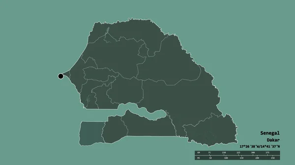 主な地域部門と分離Ziguinchorエリアとセネガルの荒廃した形状 ラベル 色の標高マップ 3Dレンダリング — ストック写真