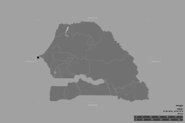 塞内加尔的一个区域在一个地理参照框的坚实背景上被隔离 主要区域分部 距离标度 Bilevel高程图 3D渲染 — 图库照片