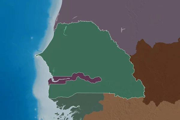 Área Extendida Senegal Delineada Mapa Elevación Color Renderizado — Foto de Stock