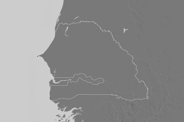 Extended area of outlined Senegal. Bilevel elevation map. 3D rendering