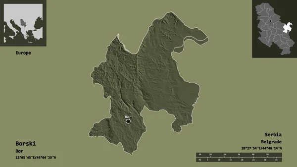ボルスキーの形 セルビアの地区 およびその首都 距離スケール プレビューおよびラベル 色の標高マップ 3Dレンダリング — ストック写真