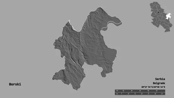 セルビアの地区ボルスキの形で その首都はしっかりとした背景に隔離されています 距離スケール リージョンプレビュー およびラベル 標高マップ 3Dレンダリング — ストック写真