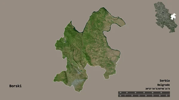 波尔斯基区 塞尔维亚的形状 其首都孤立在坚实的背景下 距离尺度 区域预览和标签 卫星图像 3D渲染 — 图库照片