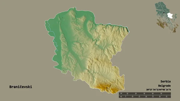 セルビア地方のブラニチェフスキの形で その首都はしっかりとした背景に隔離されています 距離スケール リージョンプレビュー およびラベル 地形図 3Dレンダリング — ストック写真