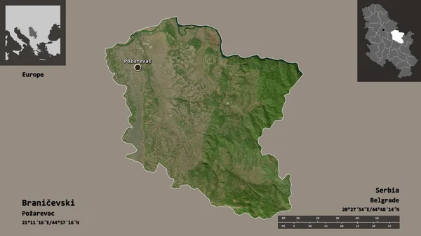 ブラニチェフスキの形 セルビアの地区 そしてその首都 距離スケール プレビューおよびラベル 衛星画像 3Dレンダリング — ストック写真