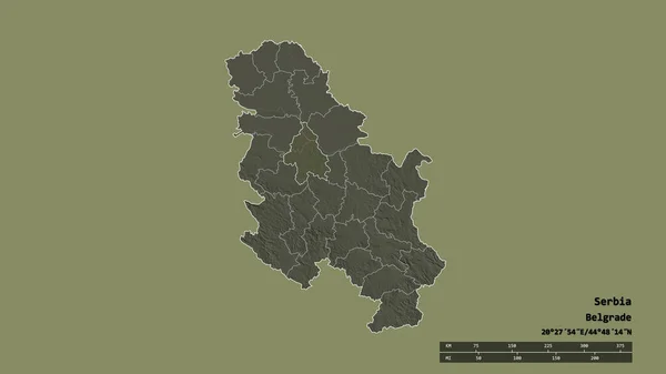 主要な地域部門と分離されたグラッド ベオグラード地域とセルビアの荒廃した形 ラベル 色の標高マップ 3Dレンダリング — ストック写真