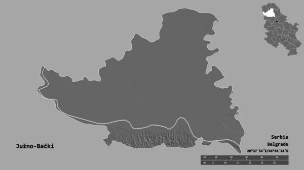 セルビアの首都ジュズノ バッキの形は しっかりとした背景に孤立しています 距離スケール リージョンプレビュー およびラベル 標高マップ 3Dレンダリング — ストック写真