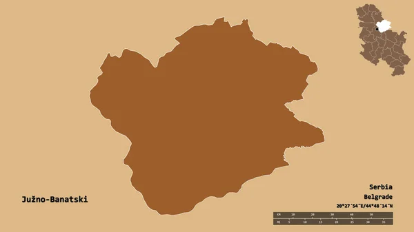 セルビア地方のユズノ バナツキの形で その首都はしっかりとした背景に隔離されています 距離スケール リージョンプレビュー およびラベル パターン化されたテクスチャの構成 3Dレンダリング — ストック写真