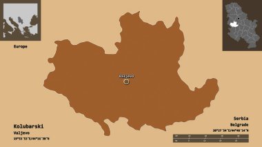 Sırbistan 'ın Kolubarski ilçesi ve başkenti. Uzaklık ölçeği, ön gösterimler ve etiketler. Desenli dokuların bileşimi. 3B görüntüleme
