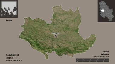 Sırbistan 'ın Kolubarski ilçesi ve başkenti. Uzaklık ölçeği, ön gösterimler ve etiketler. Uydu görüntüleri. 3B görüntüleme