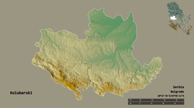 Sırbistan 'ın Kolubarski ilçesi, başkenti sağlam bir zemin üzerinde izole edilmiş durumda. Uzaklık ölçeği, bölge önizlemesi ve etiketleri. Topografik yardım haritası. 3B görüntüleme