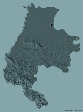 Sırbistan 'ın Macvanski ilçesi, başkenti katı renk arka planına izole edilmiş durumda. Renkli yükseklik haritası. 3B görüntüleme