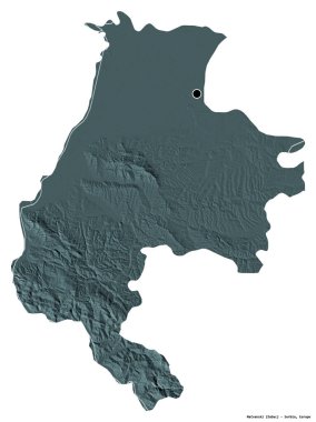 Sırbistan 'ın Macvanski ilçesi, başkenti beyaz arka planda izole edilmiş. Renkli yükseklik haritası. 3B görüntüleme