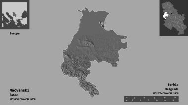 Sırbistan 'ın Macvanski ilçesi ve başkenti. Uzaklık ölçeği, ön gösterimler ve etiketler. Çift seviyeli yükseklik haritası. 3B görüntüleme