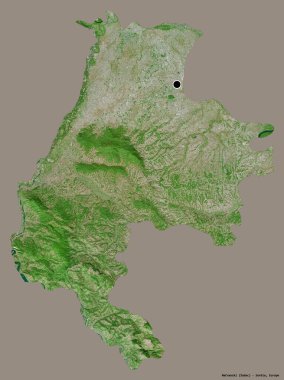 Sırbistan 'ın Macvanski ilçesi, başkenti katı renk arka planına izole edilmiş durumda. Uydu görüntüleri. 3B görüntüleme