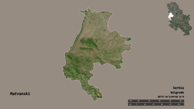Sırbistan 'ın Macvanski ilçesi, başkenti sağlam bir zemin üzerinde izole edilmiş durumda. Uzaklık ölçeği, bölge önizlemesi ve etiketleri. Uydu görüntüleri. 3B görüntüleme