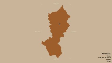 Sırbistan 'ın Moravicki ilçesi bölgesi, jeoreferatlı bir sınır kutusunun sağlam bir arka planında izole edilmiş durumda. Etiketler. Desenli dokuların bileşimi. 3B görüntüleme