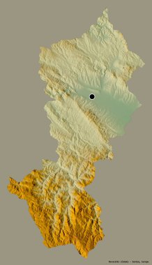 Sırbistan 'ın Moravicki ilçesi, başkenti katı renk arka planına izole edilmiş durumda. Topografik yardım haritası. 3B görüntüleme